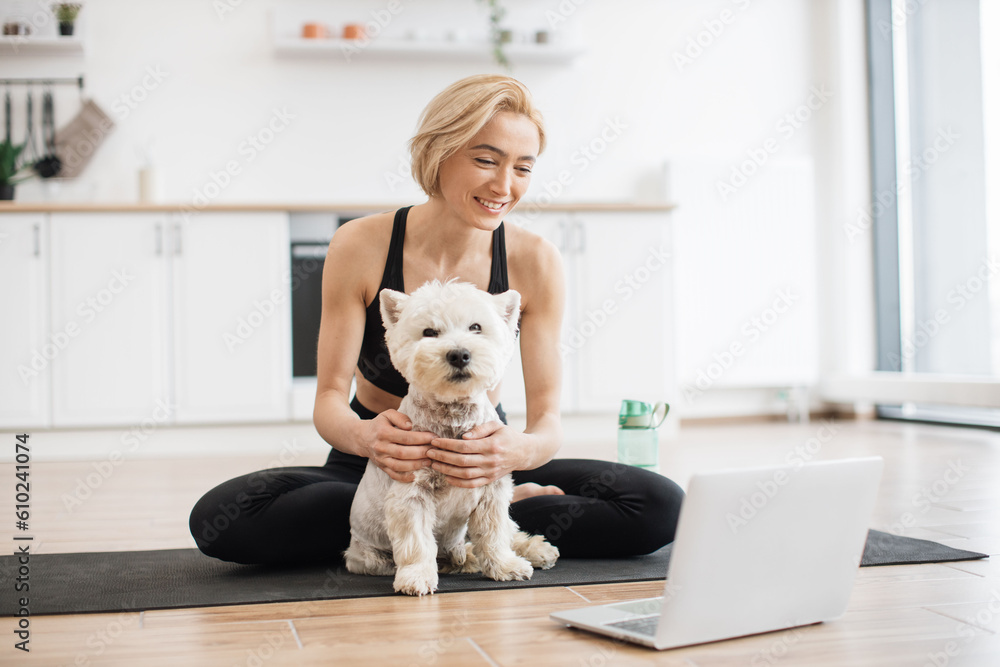 Charming female in black sportswear holding calm Westie on rubber mat while looking at laptop placed on wooden floor. Athletic woman following online yoga lesson with canine friend from home. Charming female in black sportswear holding calm Westie on rubber mat while looking at laptop placed on wooden floor. Athletic woman following online yoga lesson with canine friend from home.