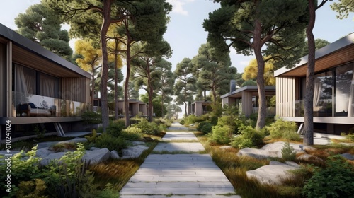 Tranquil Scandinavian-Style Residential Property with Path and Trees. Wood Contemporary Urbanism.