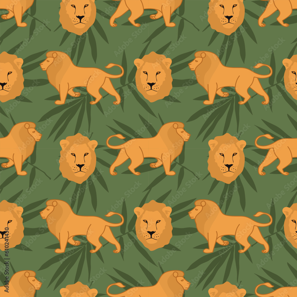 Seamless pattern with lion and tropical leaves on green background. Fashion repeating background for textiles, wallpaper and wrapping paper. Lion endless texture in flat and cartoon style. Vector