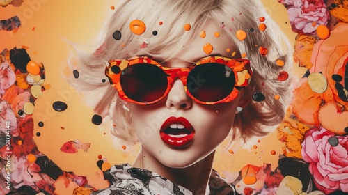 Pop art portrait of anger girl with sunglasses. AI generative image.
