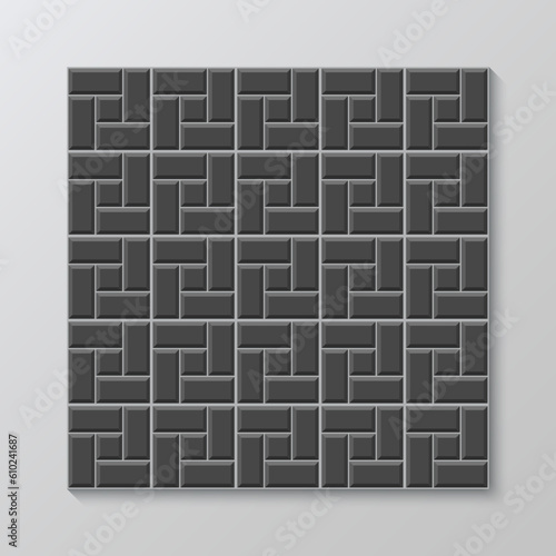 Apron faience texture. Subway tile. Architecture brickwall. Seamless brick wall. Black metro background. Ceramic pattern. Cement backsplash. Vector illustration. Stone surface