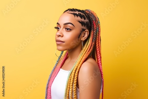 Pretty Afro-American woman with colorful braids on a color background. Generative AI