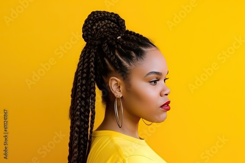 Pretty Afro-American woman with colorful braids on a color background. Generative AI