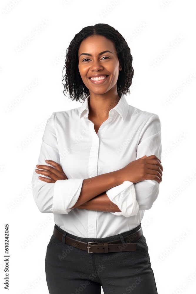 Smiling young African American businesswoman, successful, posing confidently with crossed arms for the camera. Generative AI Smiling young African American businesswoman, successful, posing confidently with crossed arms for the camera. Generative AI