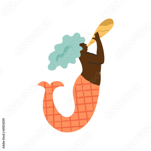 An African mermaid with piercing sounding a horn, cute Black chubby musician Seamaid play the trumpet, calls.