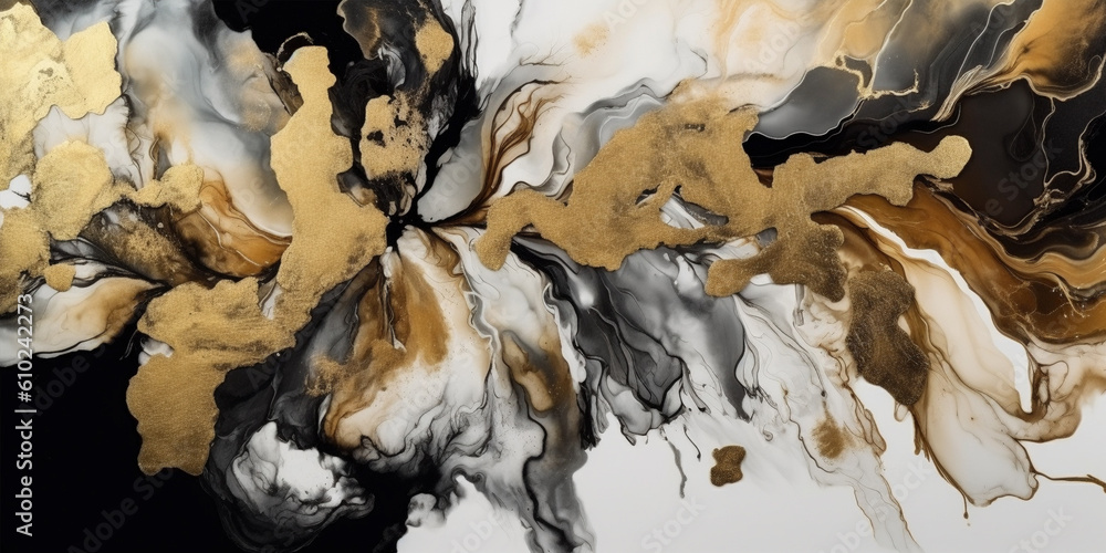 Obraz premium Abstract white, black and gold alcohol ink art background. Generative AI illustration