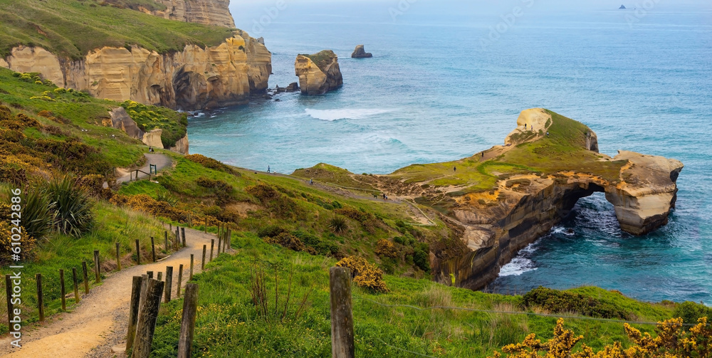 The landscape view with Scenic of Tunnel beach, Dunedin, South island of New Zealand - obrazy, fototapety, plakaty 