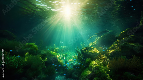 Underwater sunlight through the water surface seen from a rocky seabed with algae. Generative AI
