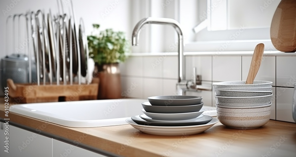 Ready for Use, Neatly Stacked Clean Dishes by the Kitchen Sink on the Counter. Generative AI Ready for Use, Neatly Stacked Clean Dishes by the Kitchen Sink on the Counter. Generative AI
