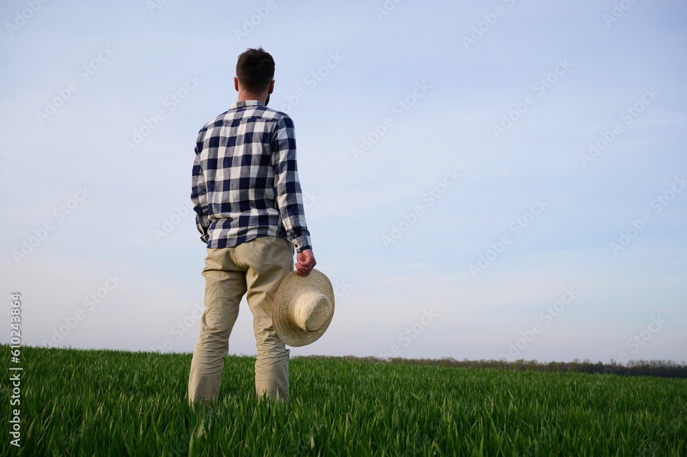 Rear view. Standing and holwing straw hat in hand. Young man is on agricultural field - obrazy, fototapety, plakaty 