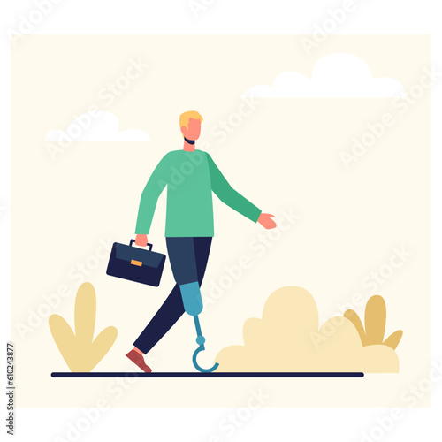 Disabled person with prosthetic leg holding suitcase and going to work, walking outside. Active life position, overcoming difficulties and returning to normal life. Flat vector illustration