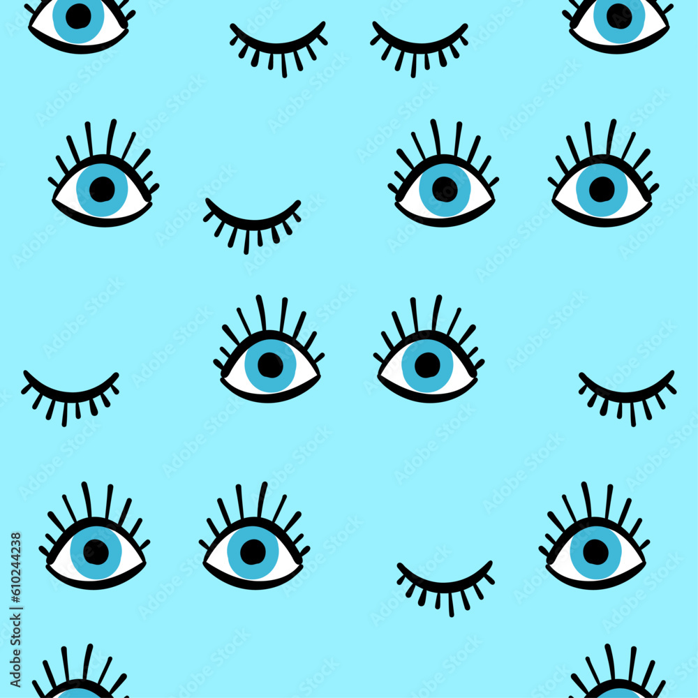 Vector pattern with hand drawn doodle eyes. Trendy seamless background with open and winking or closed eyes. - funny hand drawn doodle, seamless pattern. sleeping beauty. Vector pattern with hand drawn doodle eyes. Trendy seamless background with open and winking or closed eyes. - funny hand drawn doodle, seamless pattern. sleeping beauty.