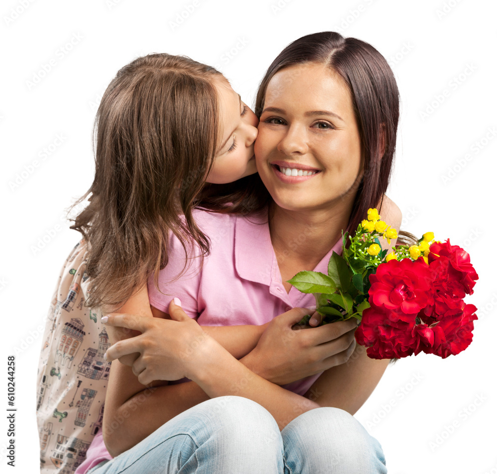 Happy beautiful mother and daughter hugging with a bouquet Happy beautiful mother and daughter hugging with a bouquet
