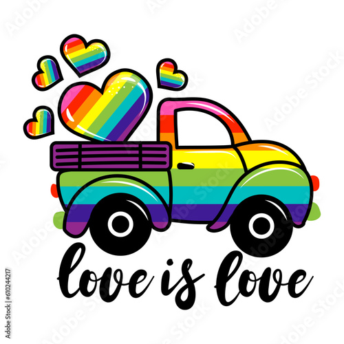Love is love - LGBT pride slogan against homosexual discrimination. Modern calligraphy with rainbow colored characters. Good for scrap booking, posters, textiles, gifts, pride sets.