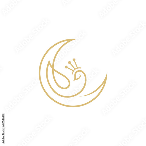 Beautiful peacock logo combination with crescent moon in one line design style