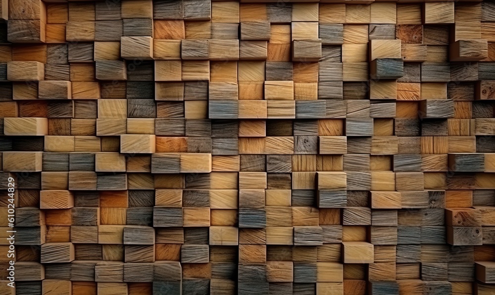 Wood Tiles arranged to create a Rectangular Wall. 3D Render Bricks. Natural Background formed from Timber Blocks. Wood Tiles arranged to create a Rectangular Wall. 3D Render Bricks. Natural Background formed from Timber Blocks.