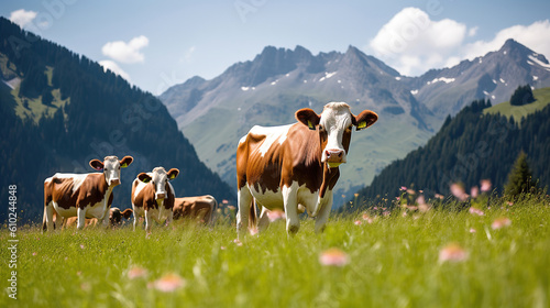 Cow grazing in an alpine meadow  Generative AI