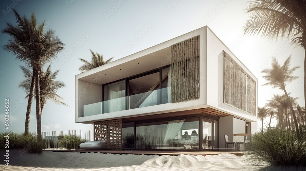 Fototapeta premium Beautiful modern house with textile facade at the beach with palm trees. Generative AI