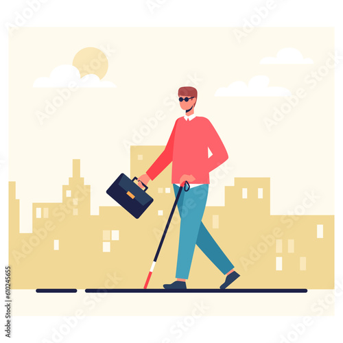 American blind young man with stick and black glasses, suitcase walking around city, going to work. Young worker with special needs strolling outside. Flat vector illustration in blue and red colors