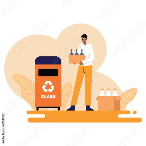 American male holding box with glass bottles and standing near container. Recycling of glass products concept. Call for proper waste management. Flat vector illustration in orange colors