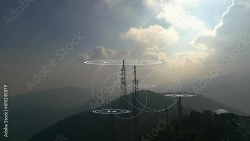 Closeup aerial view around of the telecommunication tower. Telecom tower antennas and satellite transmits the signals of cellular 5g 4g mobile signals and their radio waves works on a long distance