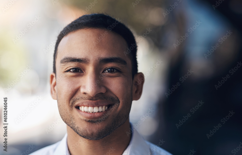 Happy, smile and portrait of business man in city for mockup space, career or professional. Happiness, mindset and pride with face of Indonesia male employee for corporate, entrepreneur and natural Happy, smile and portrait of business man in city for mockup space, career or professional. Happiness, mindset and pride with face of Indonesia male employee for corporate, entrepreneur and natural