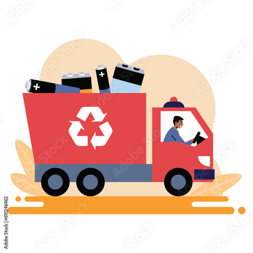 American male driving car with used batteries inside transports luggage to garbage transportation plant. Call for proper waste management. Vector illustration in flat design