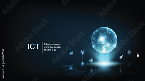 Information and communication technology(ICT)concept.Information and communication technology on dark blue background.Wireless communication network. Intelligent system automation.