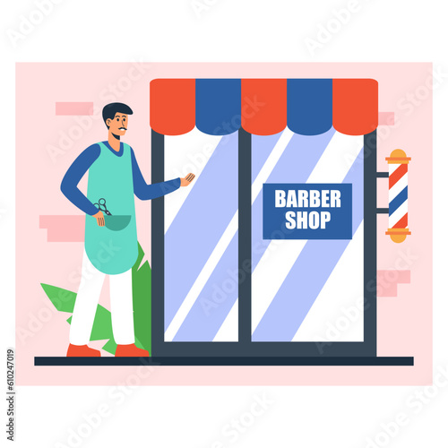 Male character invites to barbershop. Professional is waiting for client for haircut and styling. Advertisement of men hairdressing services. Color vector image in flat style