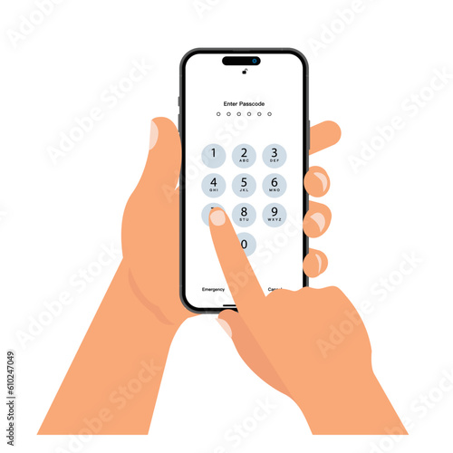 Hand holding smartphone with unlock screen and button. Flat design illustration of people hand holding smartphone with login screen and entering PIN code. Vector.