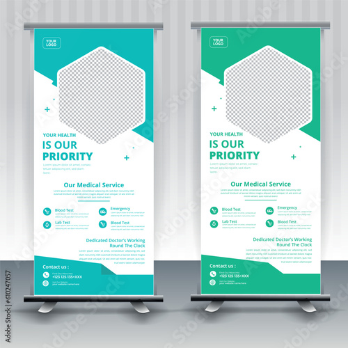 Modern healthcare and medical roll up design for hospital doctor clinic dental. standing banner template decoration for exhibition, printing, presentation, elegant layout.