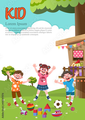 Cute children play outside. template for advertising brochures, ready for your text,  poster, background, website.Style of kids drawings.