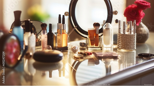 A Chic Assortment of Cosmetics Takes Center Stage on the Dressing Table. Generative AI