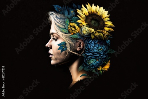 Portrait of a Ukrainian woman who symbolizes pain, sorrow, loss and war in Ukraine, a girl with a wreath of sunflowers on her head, generative AI.
