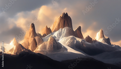 Serro torre's enigmatic glacial spires. Pristine blades of ice, rising gracefully amidst a frozen wilderness. AI-generated photo