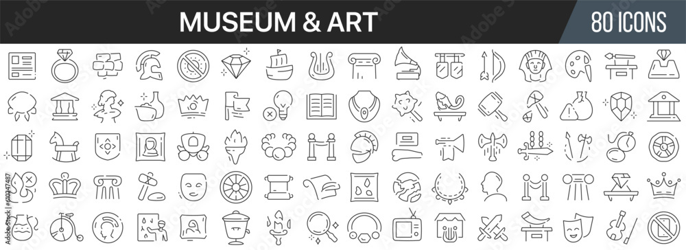 Museum and art line icons collection. Big UI icon set in a flat design. Thin outline icons pack. Vector illustration EPS10 Museum and art line icons collection. Big UI icon set in a flat design. Thin outline icons pack. Vector illustration EPS10