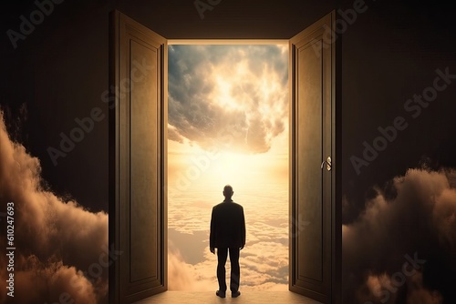 Human soul says goodbye to earthly life and rises to heaven. A man stands in front of an open door in the clouds, the concept of dreams and doors to heaven, generative AI.