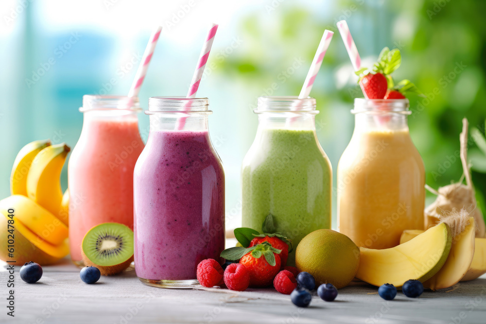 fruit and vegetable smoothies in glass bottles with straws and fruits, berries on the wooden table, Generative AI fruit and vegetable smoothies in glass bottles with straws and fruits, berries on the wooden table, Generative AI