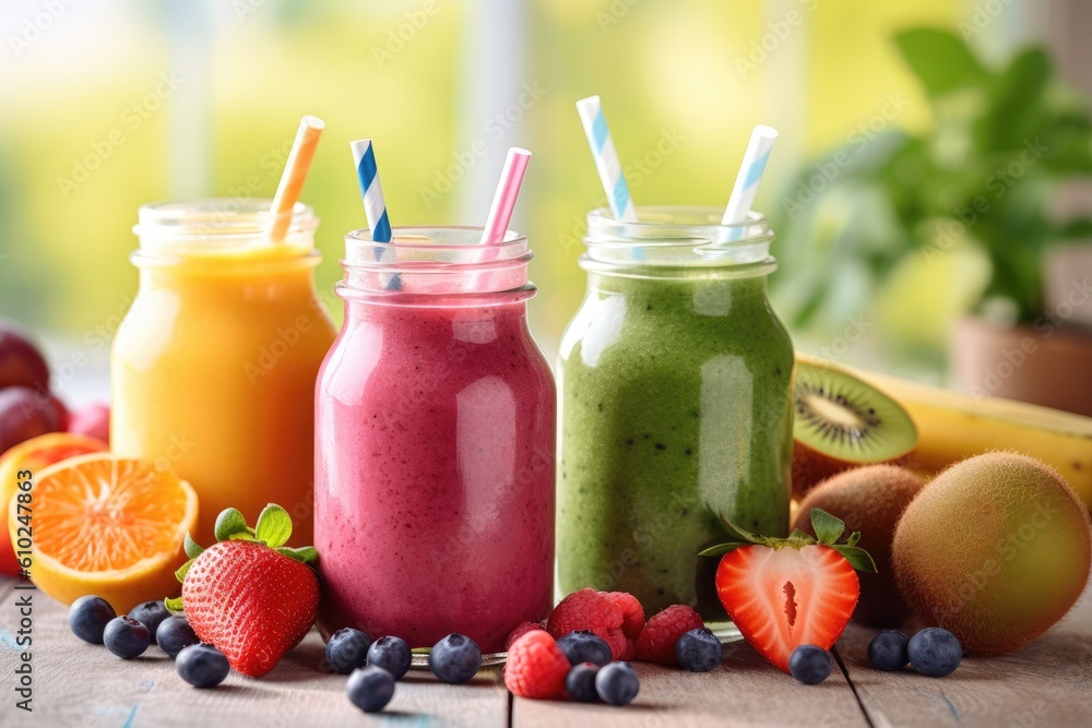 composition of fruit and vegetable smoothies in glass bottles with straws and fruits, berries on the wooden table, Generative AI composition of fruit and vegetable smoothies in glass bottles with straws and fruits, berries on the wooden table, Generative AI