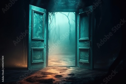 Entrance to dungeons and hell. A large open wooden door is shrouded in mist and cobwebs, generative AI