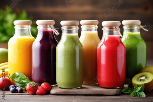 composition of a variety of fruit and vegetable smoothies in glass bottles on a table. blurred wooden background, Generative AI