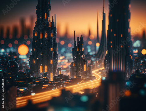 Futuristic city landscape cityscape isometric view Night city Created with Generative AI technology
