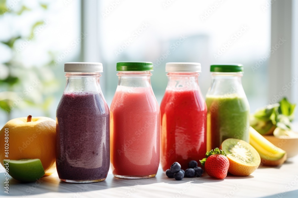 glass bottles of different fruit, vegetable, berry smoothies on the white table in sunny kitchen, Generative AI glass bottles of different fruit, vegetable, berry smoothies on the white table in sunny kitchen, Generative AI