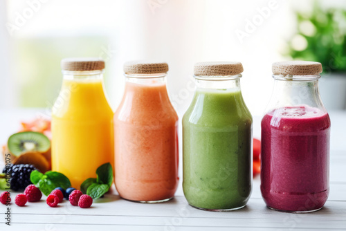 variety of colorful fruit and vegetable smoothies in stylish glass bottles on a white wooden kitchen table, Generative AI