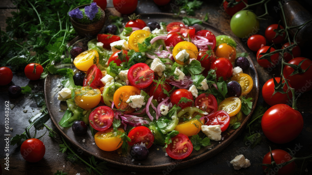 The photo showcases a colorful and appetizing salad plate filled with fresh ingredients. Crisp lettuce forms the base, complemented by juicy tomatoes, crunchy cucumbers, vibrant purple cabbage, and gr The photo showcases a colorful and appetizing salad plate filled with fresh ingredients. Crisp lettuce forms the base, complemented by juicy tomatoes, crunchy cucumbers, vibrant purple cabbage, and gr