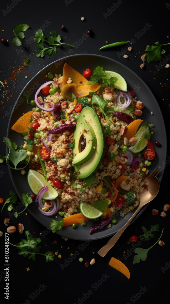 Fototapeta premium The photo showcases a colorful and appetizing salad plate filled with fresh ingredients. Crisp lettuce forms the base, complemented by juicy tomatoes, crunchy cucumbers, vibrant purple cabbage, and gr