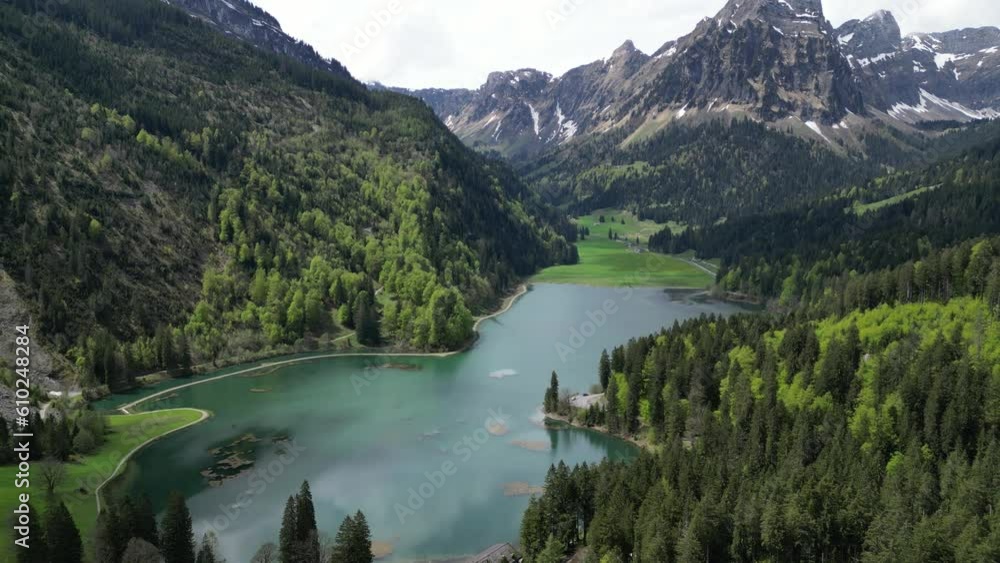 Beauty of Obsersee lake nestled in lush greenery and mountains,aerial Beauty of Obsersee lake nestled in lush greenery and mountains,aerial