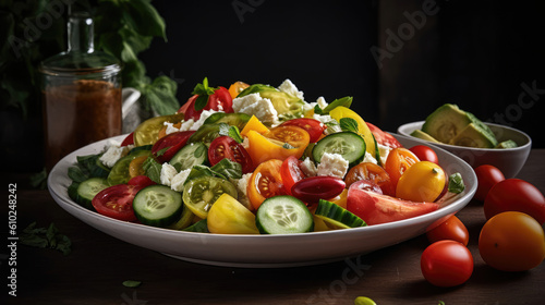 The photo showcases a colorful and appetizing salad plate filled with fresh ingredients. Crisp lettuce forms the base  complemented by juicy tomatoes  crunchy cucumbers  vibrant purple cabbage  and gr