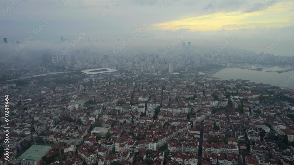 Aerial View of Istanbul, Turkey, Cityscape Skyline in Mist at Twilight, Drone Shot of Kadikoy Aerial View of Istanbul, Turkey, Cityscape Skyline in Mist at Twilight, Drone Shot of Kadikoy