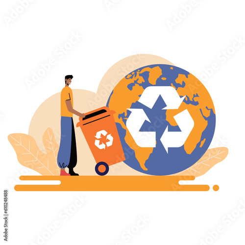 Garbage sorting and processing. Male character is holding bin with trash for recycling. Caring for planet. Smart and frugal use of natural resources. Color vector illustration